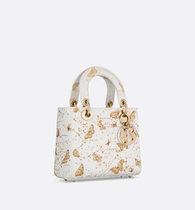 Small Lady Dior Bag • White and Gold-Tone Calfskin with Butterfly Zodiac Print and Embroidery