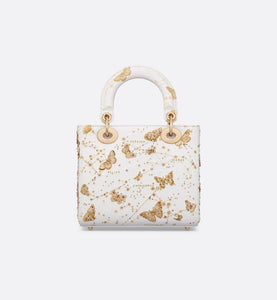 Small Lady Dior Bag • White and Gold-Tone Calfskin with Butterfly Zodiac Print and Embroidery