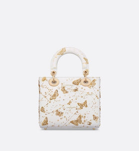 Small Lady Dior Bag • White and Gold-Tone Calfskin with Butterfly Zodiac Print and Embroidery