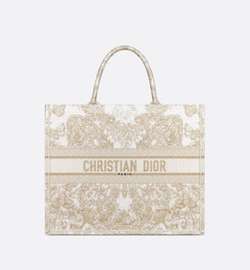 Large Dior Book Tote • Gold-Tone and White Butterfly Around The World Embroidery (42 x 35 x 18.5 cm)