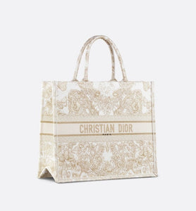 Large Dior Book Tote • Gold-Tone and White Butterfly Around The World Embroidery (42 x 35 x 18.5 cm)