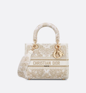 Medium Lady D-Lite Bag • Gold-Tone and White Butterfly Around The World Embroidery