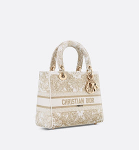 Medium Lady D-Lite Bag • Gold-Tone and White Butterfly Around The World Embroidery
