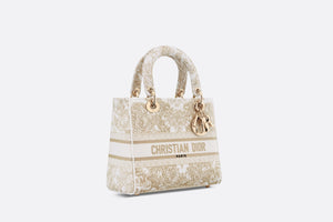 Medium Lady D-Lite Bag • Gold-Tone and White Butterfly Around The World Embroidery