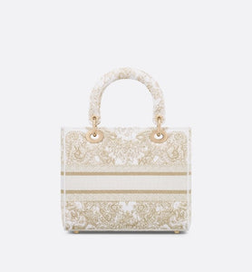 Medium Lady D-Lite Bag • Gold-Tone and White Butterfly Around The World Embroidery
