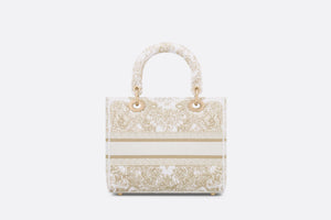 Medium Lady D-Lite Bag • Gold-Tone and White Butterfly Around The World Embroidery