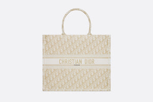 Large Dior Book Tote • White and Gold-Tone Dior Oblique Embroidery (42 x 35 x 18.5 cm)