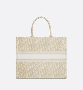 Large Dior Book Tote • White and Gold-Tone Dior Oblique Embroidery (42 x 35 x 18.5 cm)