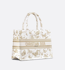 Medium Dior Book Tote • Gold-Tone and White Butterfly Zodiac Embroidery (36 x 27.5 x 16.5 cm)