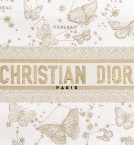 Medium Dior Book Tote • Gold-Tone and White Butterfly Zodiac Embroidery (36 x 27.5 x 16.5 cm)