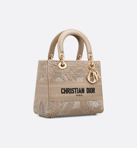 Medium Lady D-Lite Bag • Beige D-Lace Butterfly Embroidery with Macramé Effect
