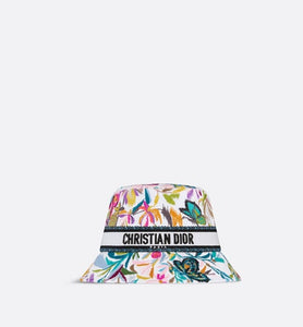 D-Bobby Toile de Jouy Fantastica Small Brim Bucket Hat • White Multicolor Embroidery