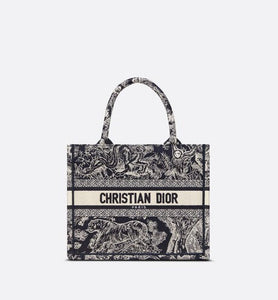 Small Dior Book Tote • Blue and White Toile de Jouy Reverse Embroidery (26.5 x 21 x 14 cm)