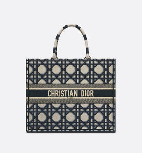 Large Dior Book Tote • Beige and Blue Macrocannage Embroidery (42 x 35 x 18.5 cm)