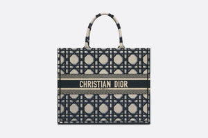 Large Dior Book Tote • Beige and Blue Macrocannage Embroidery (42 x 35 x 18.5 cm)