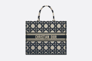 Large Dior Book Tote • Beige and Blue Macrocannage Embroidery (42 x 35 x 18.5 cm)