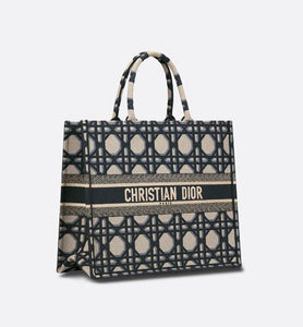 Large Dior Book Tote • Beige and Blue Macrocannage Embroidery (42 x 35 x 18.5 cm)