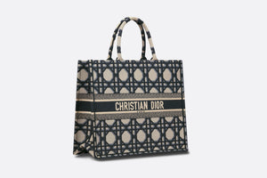 Large Dior Book Tote • Beige and Blue Macrocannage Embroidery (42 x 35 x 18.5 cm)