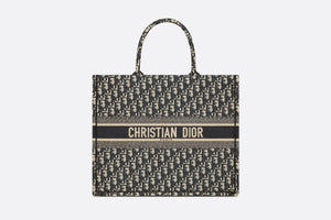 Large Dior Book Tote • Ecru and Blue Dior Oblique Embroidery (42 x 35 x 18.5 cm)