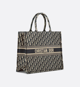 Large Dior Book Tote • Ecru and Blue Dior Oblique Embroidery (42 x 35 x 18.5 cm)