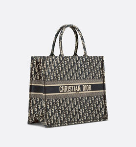 Large Dior Book Tote • Ecru and Blue Dior Oblique Embroidery (42 x 35 x 18.5 cm)