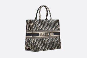 Large Dior Book Tote • Ecru and Blue Dior Oblique Embroidery (42 x 35 x 18.5 cm)