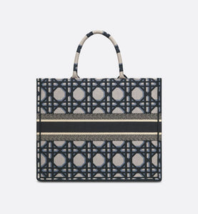 Large Dior Book Tote • Beige and Blue Macrocannage Embroidery (42 x 35 x 18.5 cm)