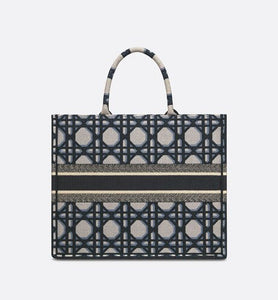 Large Dior Book Tote • Beige and Blue Macrocannage Embroidery (42 x 35 x 18.5 cm)
