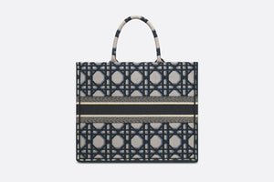 Large Dior Book Tote • Beige and Blue Macrocannage Embroidery (42 x 35 x 18.5 cm)