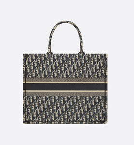 Large Dior Book Tote • Ecru and Blue Dior Oblique Embroidery (42 x 35 x 18.5 cm)