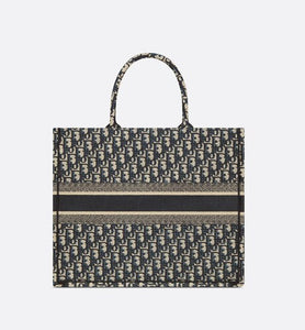 Large Dior Book Tote • Ecru and Blue Dior Oblique Embroidery (42 x 35 x 18.5 cm)
