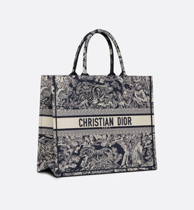 Large Dior Book Tote • Blue and Ecru Toile de Jouy Reverse Embroidery (42 x 35 x 18.5 cm)