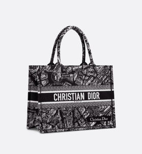 Medium Dior Book Tote • Black and White Plan de Paris Embroidery (36 x 27.5 x 16.5 cm)