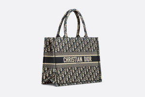 Medium Dior Book Tote • Ecru and Blue Dior Oblique Embroidery (36 x 27.5 x 16.5 cm)