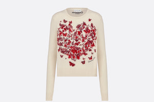 Embroidered Sweater • Ecru and Red Cashmere Knit with Le Cœur des Papillons Motif