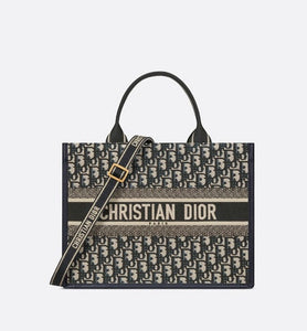 Medium Dior Book Tote • Blue Dior Oblique Embroidery and Calfskin (36.5 x 28 x 17.5 cm)