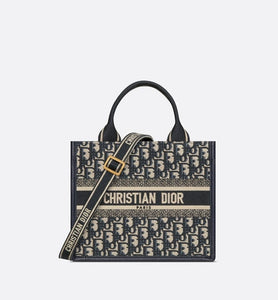 Small Dior Book Tote • Blue Dior Oblique Embroidery and Calfskin (26.5 x 21 x 14 cm)