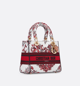 Medium Lady D-Lite Bag • White and Red Le Cœur des Papillons Embroidery