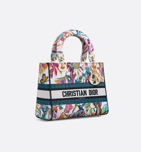 Medium Lady D-Lite Bag • White Multicolor Toile de Jouy Fantastica Embroidery