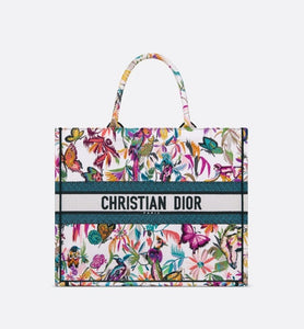 Large Dior Book Tote • White Multicolor Toile de Jouy Fantastica Embroidery (42 x 35 x 18.5 cm)