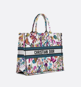 Large Dior Book Tote • White Multicolor Toile de Jouy Fantastica Embroidery (42 x 35 x 18.5 cm)