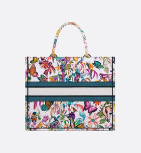 Large Dior Book Tote • White Multicolor Toile de Jouy Fantastica Embroidery (42 x 35 x 18.5 cm)