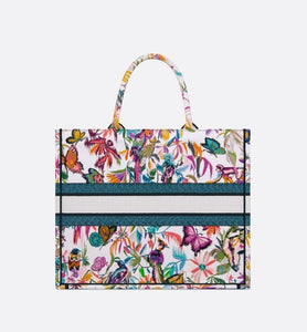Large Dior Book Tote • White Multicolor Toile de Jouy Fantastica Embroidery (42 x 35 x 18.5 cm)