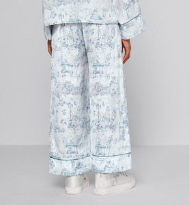Kid's Loose Pants • Ivory Satin-Finish Voile with Blue Toile de Jouy Paris Print