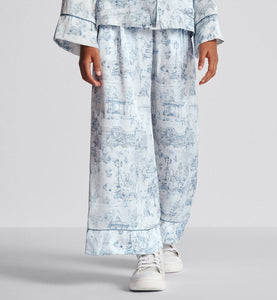 Kid's Loose Pants • Ivory Satin-Finish Voile with Blue Toile de Jouy Paris Print