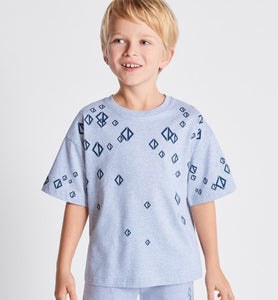 Kid's T-Shirt • Heathered Blue Cotton Jersey Printed with Deep Blue Cascade of CD Diamond Motifs