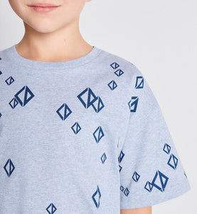 Kid's T-Shirt • Heathered Blue Cotton Jersey Printed with Deep Blue Cascade of CD Diamond Motifs