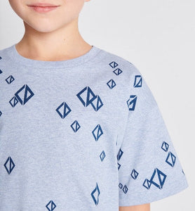 Kid's T-Shirt • Heathered Blue Cotton Jersey Printed with Deep Blue Cascade of CD Diamond Motifs