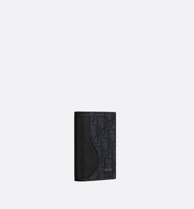 Saddle Bi-Fold Card Holder • Black Grained Calfskin Leather Marquetry and Dior Oblique Jacquard