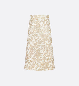 Mid-Length Flared Skirt • White Technical Jacquard with Gold-Tone Allover Butterfly Motif